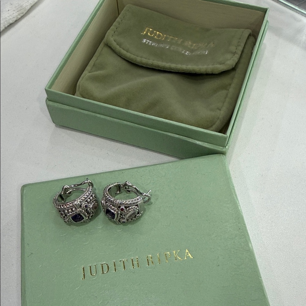Judith Ripka Silver Earrings with Dark Purple Stones